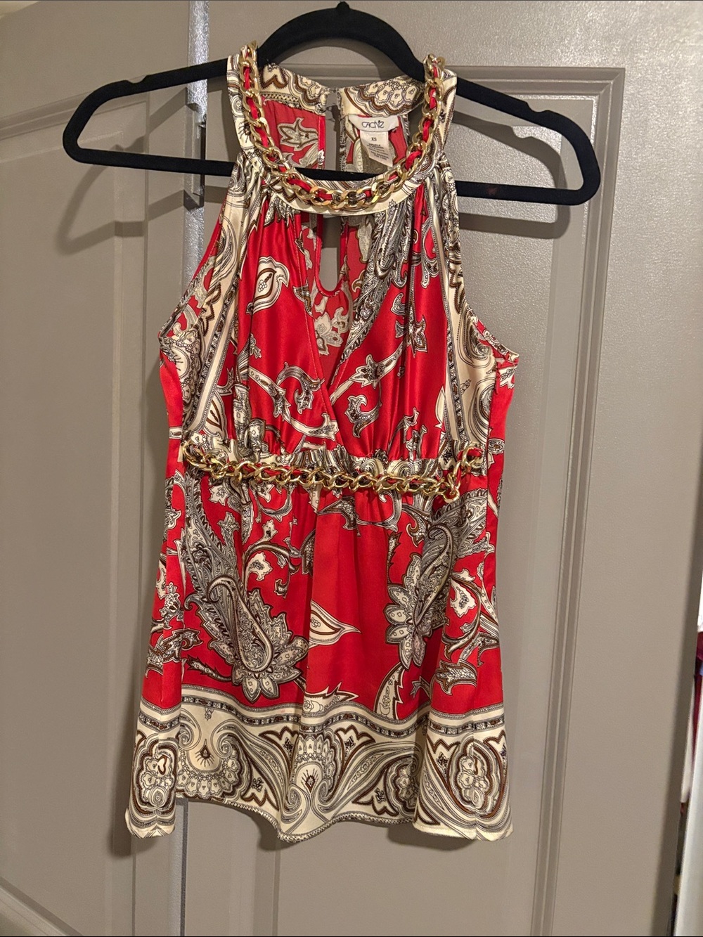 Cache Red and Cream Paisley Halter Tank with Gold Chain Trim